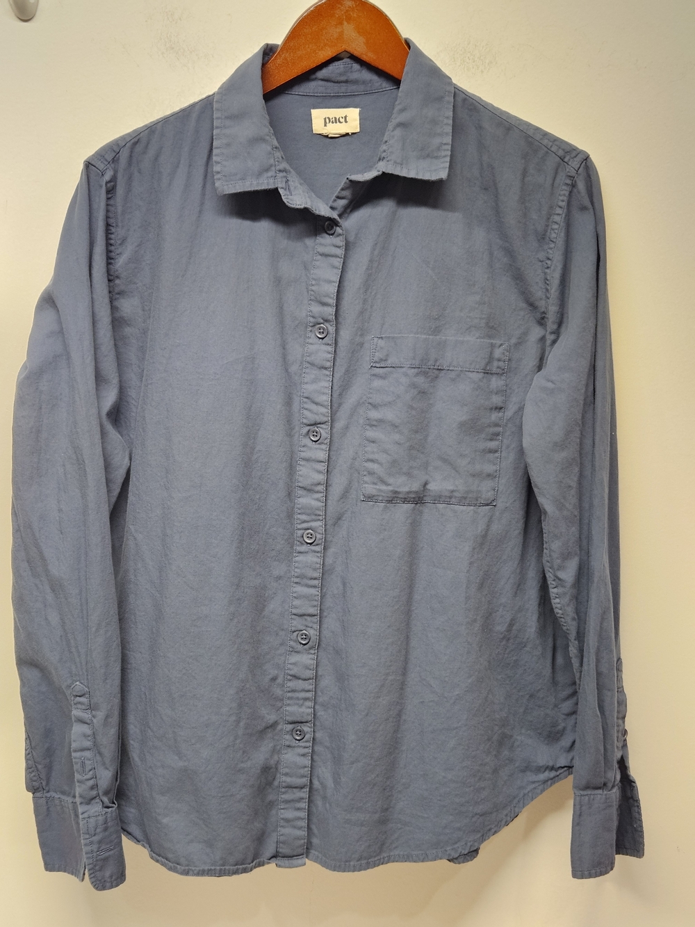 Pact Organic Cotton Button Front Long Sleeve Shirt Womens Size L Blue